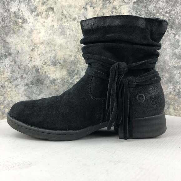 Born Women's Size 6.5M Cross Black Leather Fringe Side Zip Ankle Boots D70303 - Picture 5 of 14
